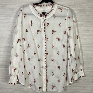 Talbots White Blouse Brown Floral Embroidered Scallop Trim PLUS 1X NWT Button Up